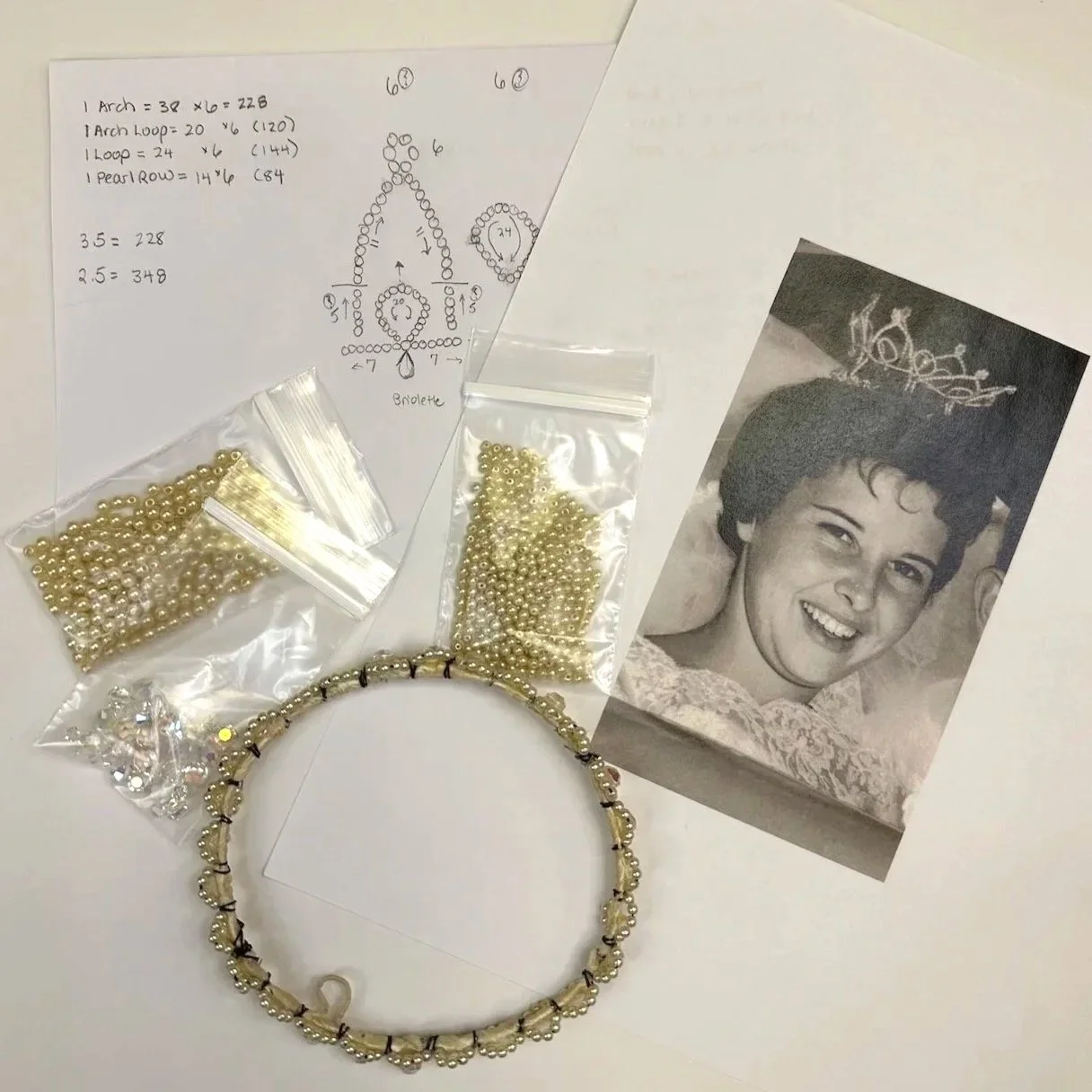 Wedding photo, pearls, crystals, and diagram to recreate vintage wedding crown.