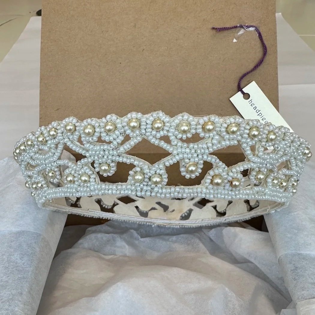 50s seed bead and pearl wedding crown after restoration.