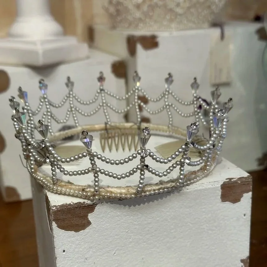 60s arched pearl vintage crown with crystals and stones at tips