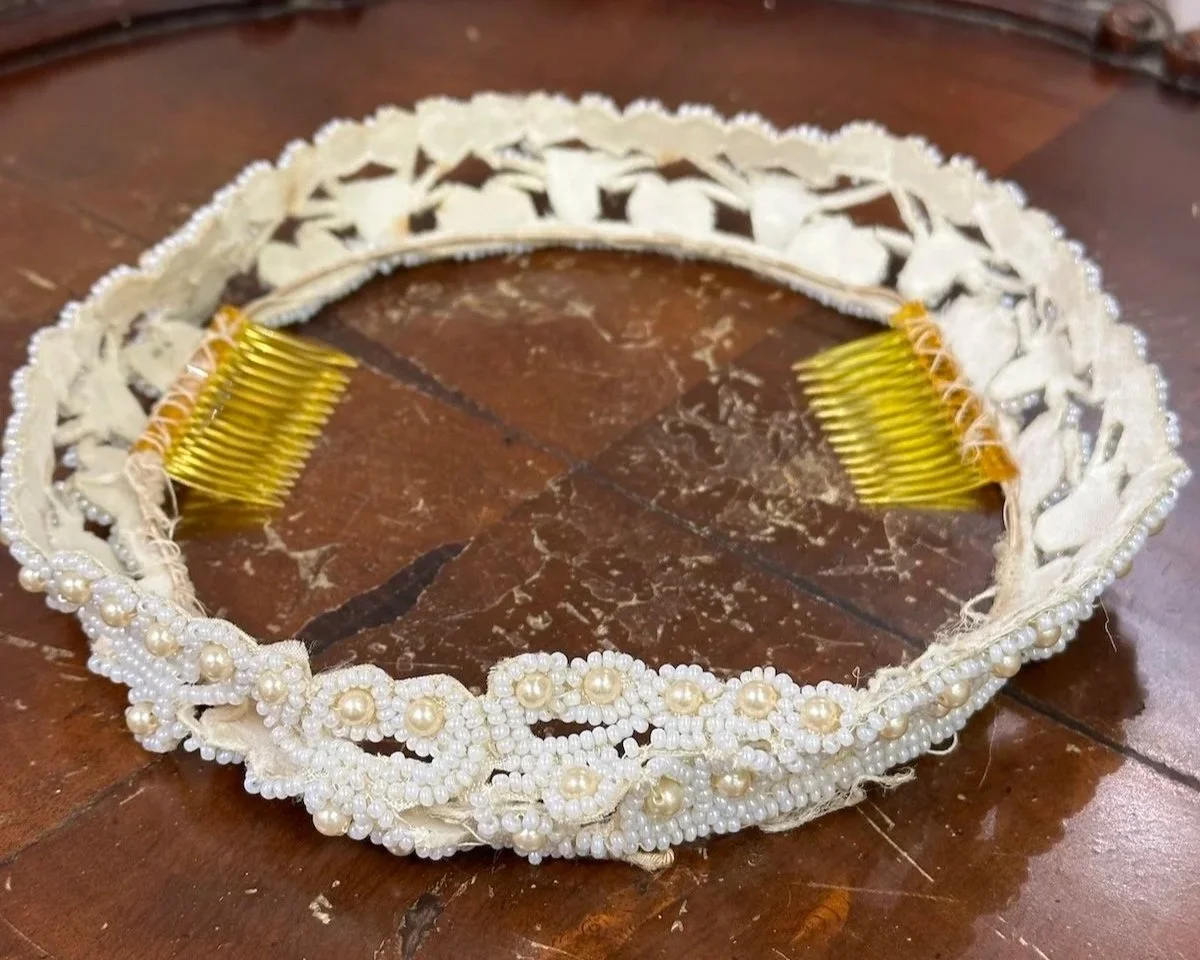 Crushed and broken 50s beaded pearl wedding crown needing restoration.