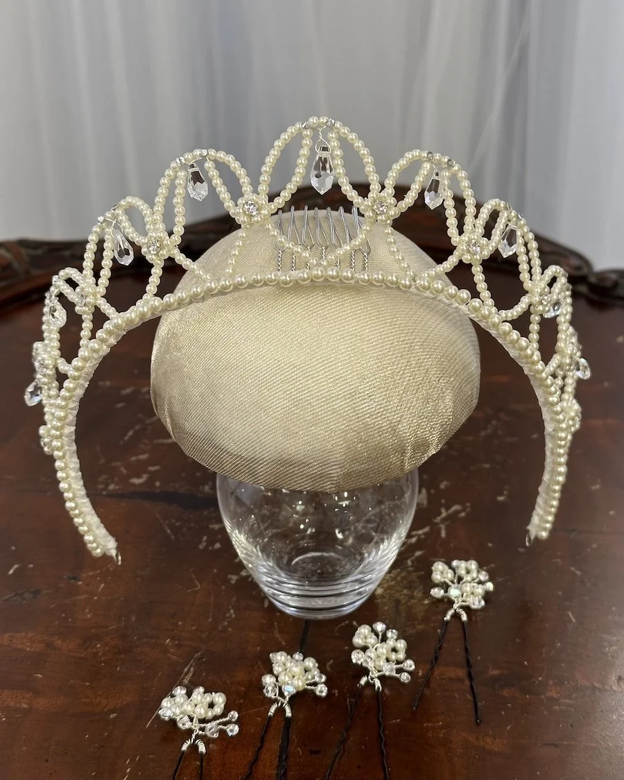 1950s wedding crown made of pearl and crystal drop restored with additional bridal hairpins.