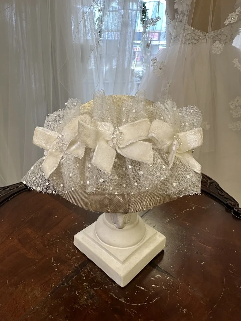 Repurposed 50s bridal headpiece made of Swiss dot and velvet bows