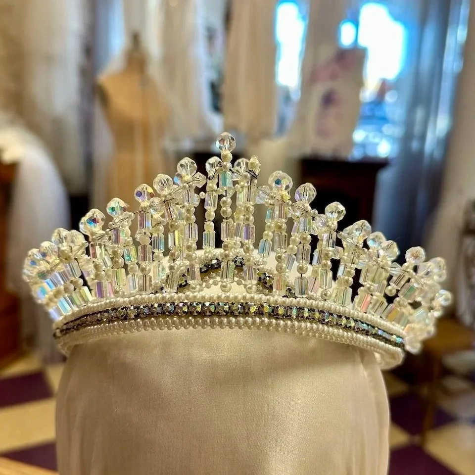 1960s crystal, pearl, and rhinestone wedding crown awaiting restoration.