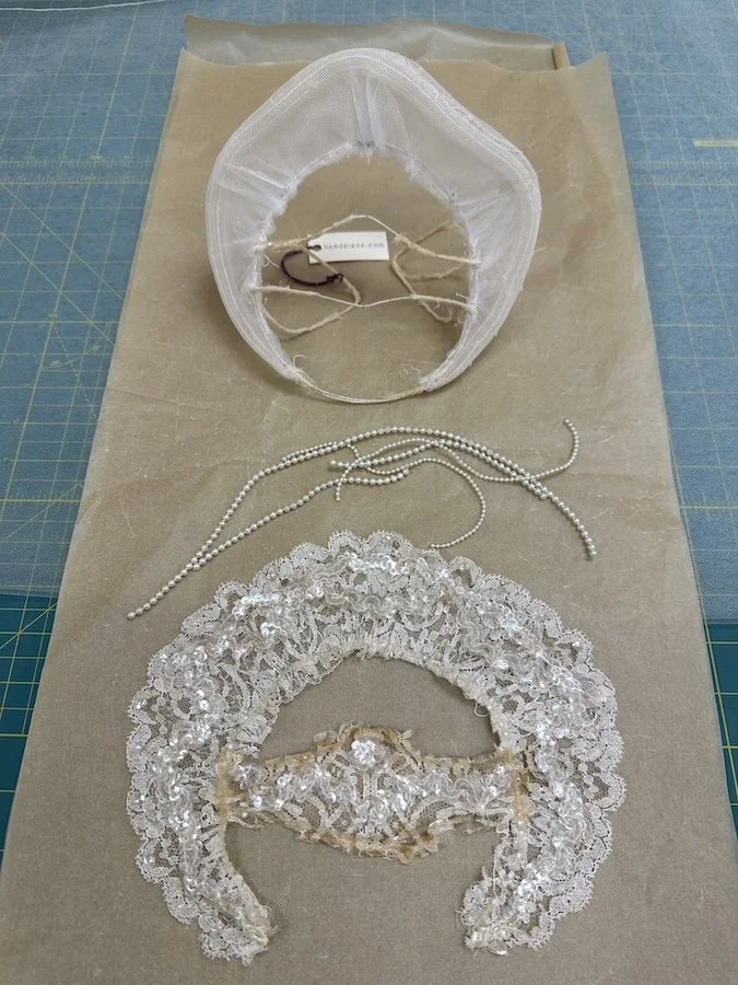 1950s lace sequin pearl millinery headpiece taken apart