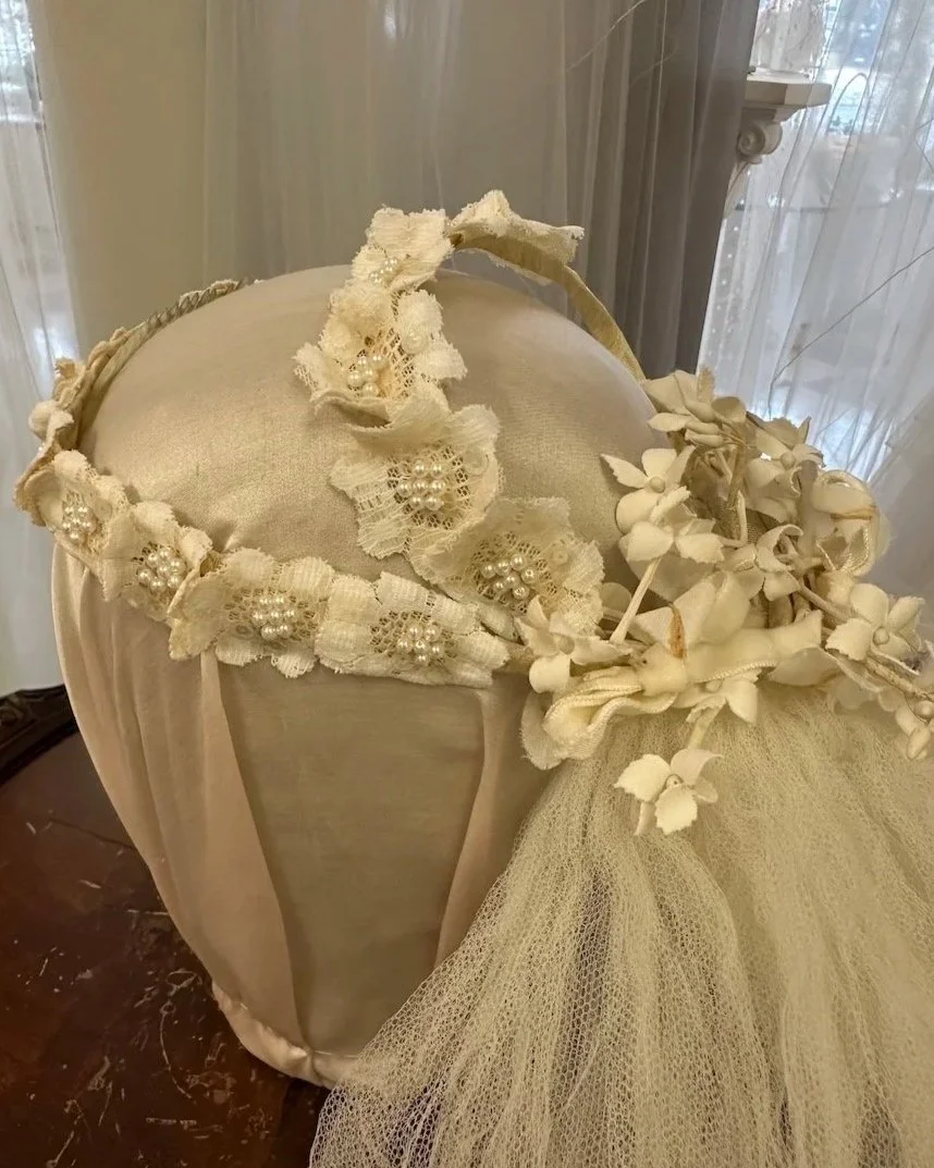 Discolored 80s halo style vintage headpiece made from glued lace