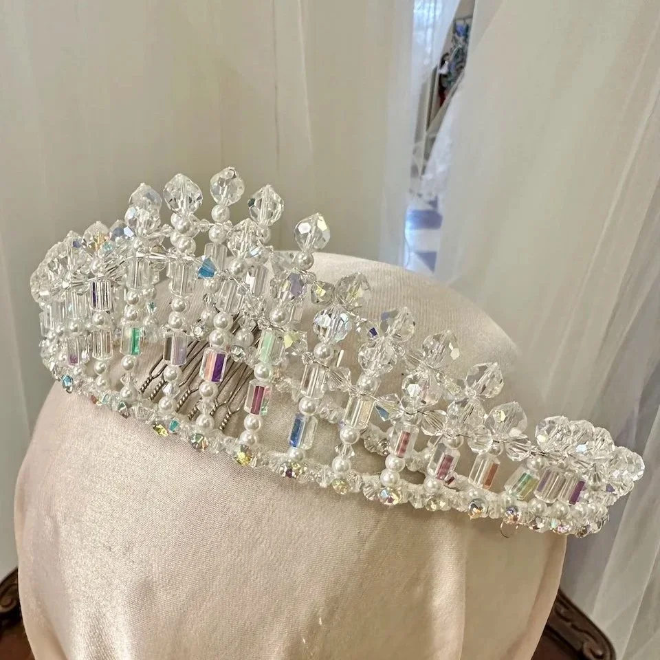 Fully restored 60s wedding crown with cleaned sparkling crystals, rhinestones, and new pearls.