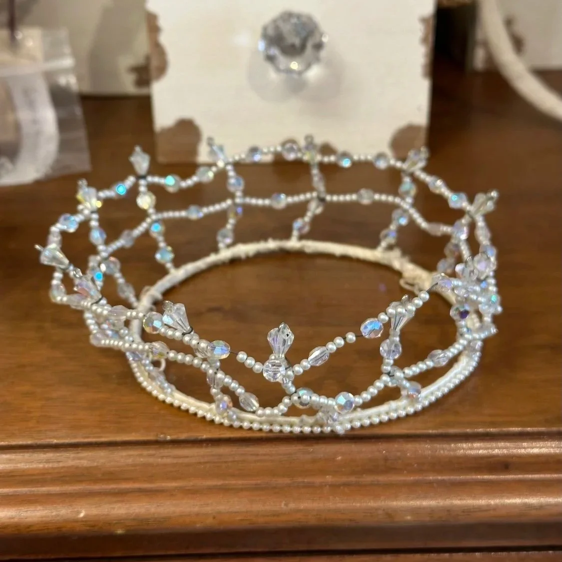 Pearl and AB crystal crown, misshapen, with broken tarnished wires and in need of restoration.