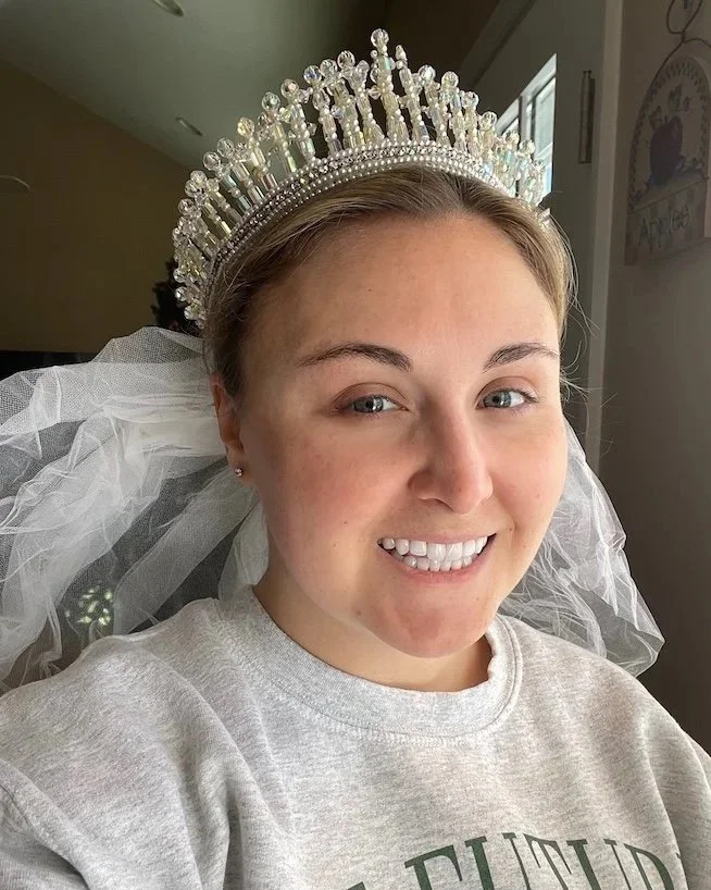 Future bride trying on the bridal headpiece made of crystal that her grandmother wore in 1960, and her mother wore in 1991.