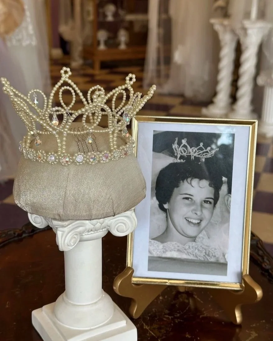 Framed image of original 1960 wedding crown and finished hand designed crown recreation at Headpiece.com.