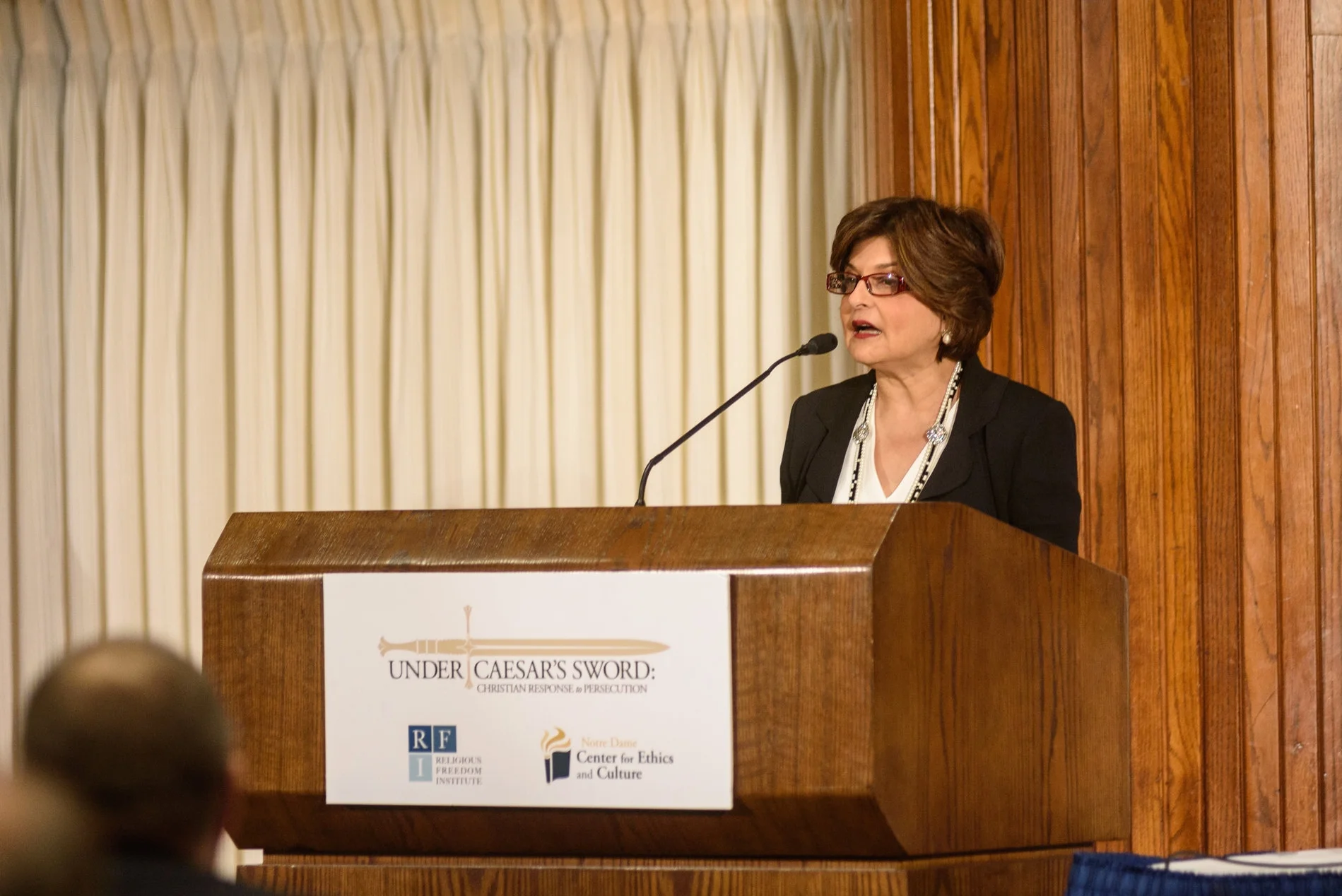 Farahnaz Ispahani delivers a keynote address on Pakistan's treatment of religious minorities at the Under Caesar's Sword project symposium "What is to be Done? Responding to the Persecution of Christians," April, 20, 2017. Photo: Nathan Mitchell Photography 
