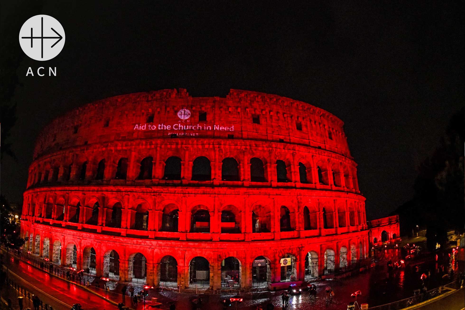 Rome's Colosseum is bathed in red light on February 24 in a show of solidarity with Christian's martyred around the world.&nbsp;Photo: Aid the Church in Need/ https://www.facebook.com/acninternationalorg