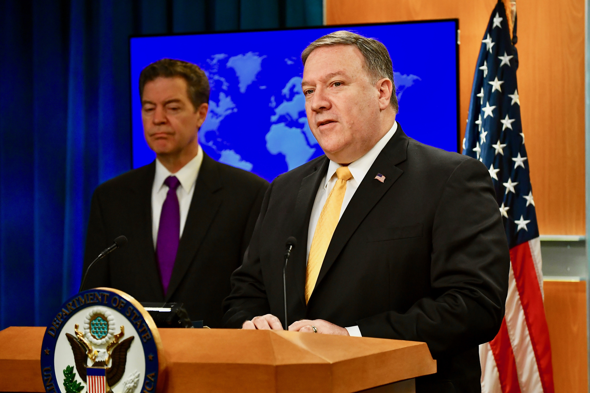 Secretary of State Mike Pompeo and Ambassador Sam Brownback announce the first-ever "Ministerial to Advance Religious Freedom" along with the release of the State Department's annual International Religious Freedom Report in Washington, May 29, 2018. Photo: State Department/Public Domain