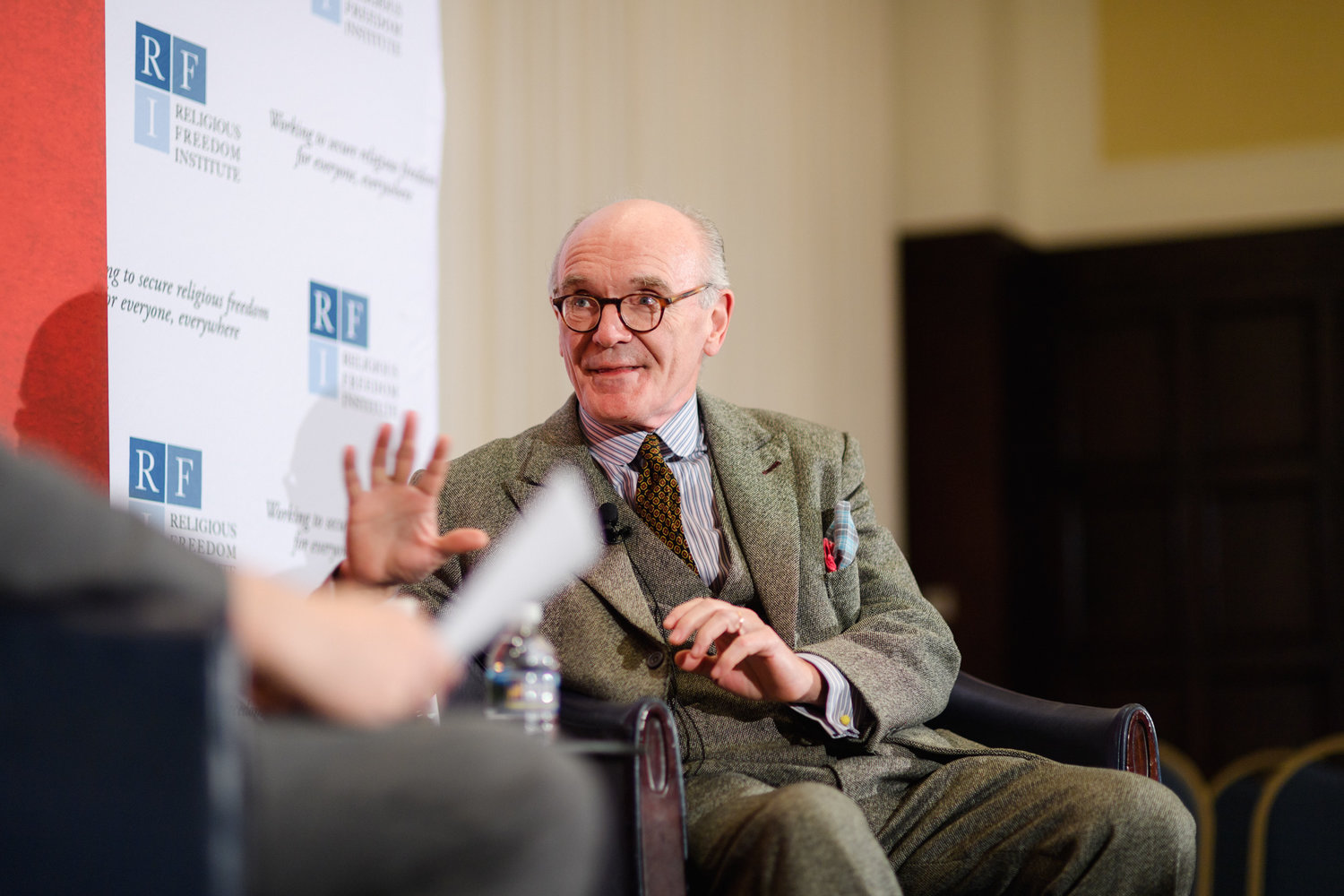 Martin Mosebach, author of The 21 and award-winning novelist, interviewed by Kent Hill, Executive Director, Religious Freedom Institute. Photo: RFI/Nathan Mitchell