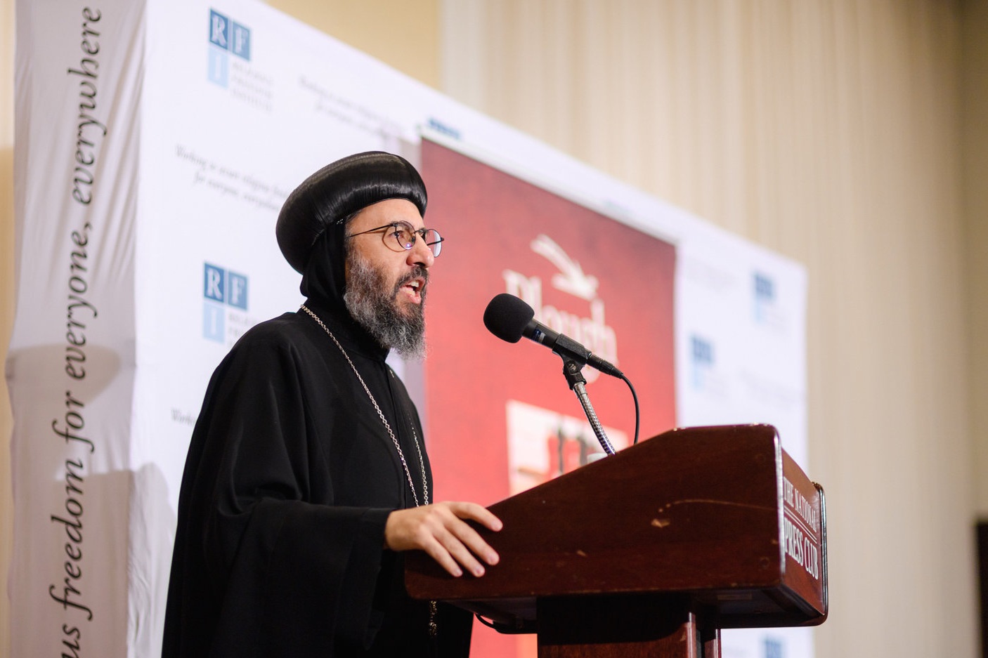 Archbishop Angaelos, Coptic Orthodox Archbishop of London gives keynote remarks on the impact of this event on the Coptic community of Egypt.  Photo: RFI/Nathan Mitchell