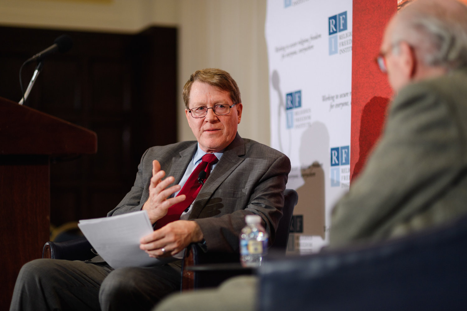  Kent Hill, Executive Director, Religious Freedom Institute, interviews author Martin Mosebach on what he learned in writing his book on the martyrdom of 21 Christians killed in Libya.  Photo: RFI/Nathan Mitchell 