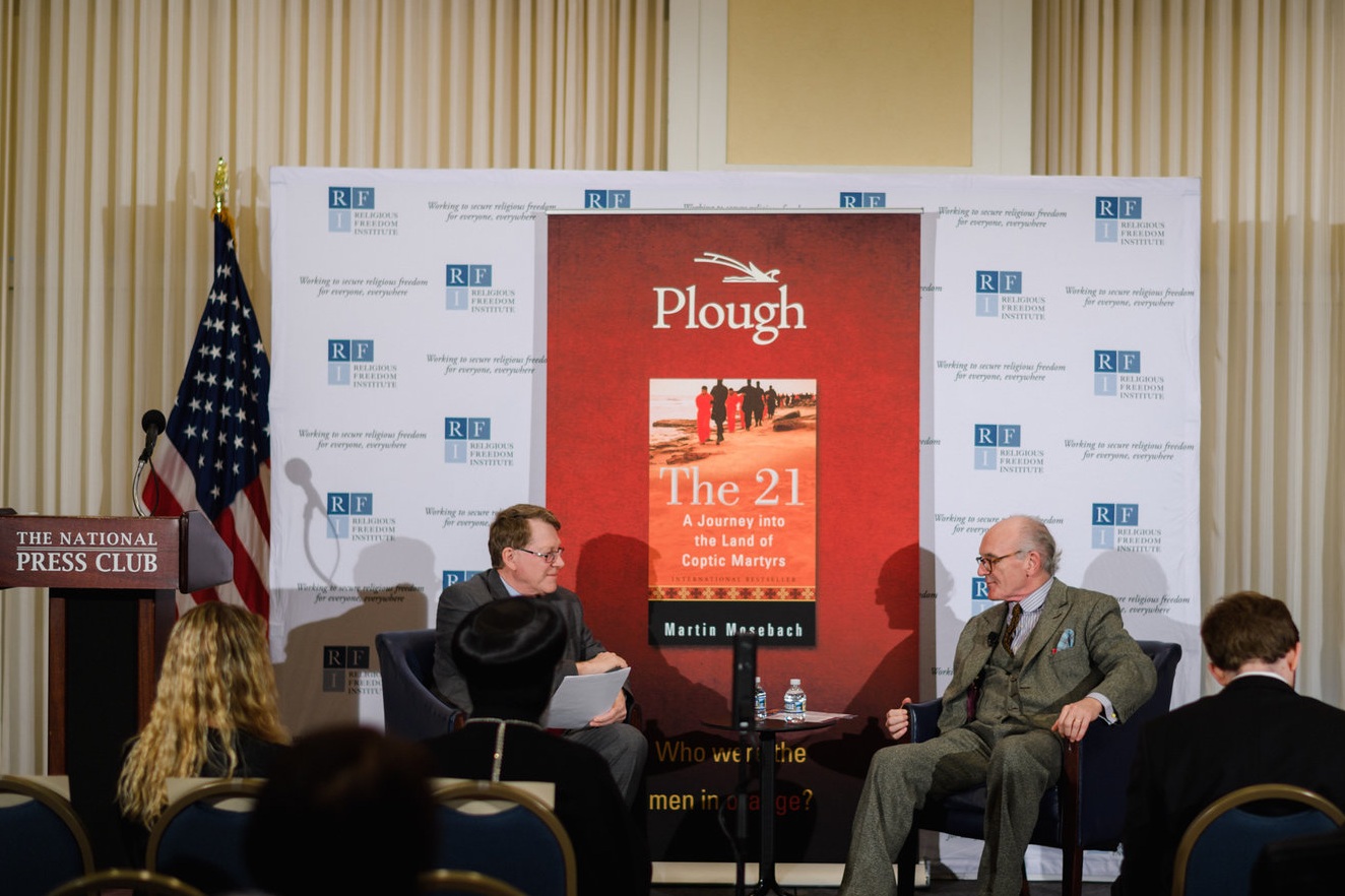  Author Martin Mosebach and Kent Hill, Executive Director, Religious Freedom Institute discuss Mosebach’s recent book,  The 21.   Photo: RFI/Nathan Mitchell 