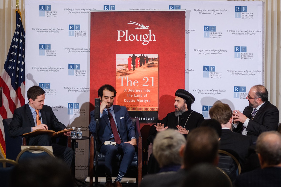Panel discussion addresses the challenges and opportunities for advancing pluralism and religious freedom across the Middle East and Egypt in particular. Moderator: Jeremy Barker, Senior Program Officer, Religious Freedom Institute. Panel : Shadi Hamid, Senior Fellow, Brookings Institution; Archbishop Angaelos, Coptic Orthodox Archbishop of London; Samuel Tadros, Senior Fellow, Hudson Institute. Photo: RFI/Nathan Mitchell