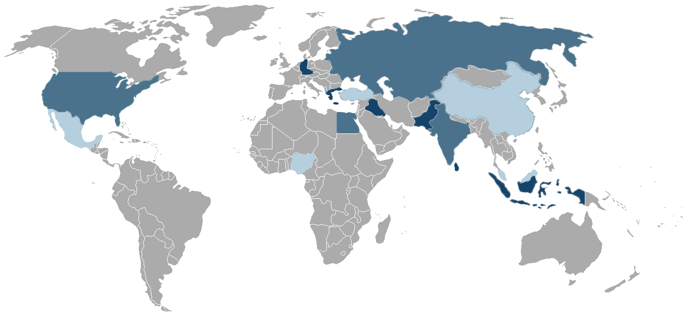 The cross-national index and common good analysis will focus on 15 countries (tentative list): China , Egypt , Germany , Greece , India , Indonesia , Iraq , Malaysia , Mexico , Nigeria , Pakistan, Russia , Sri Lanka , Turkey , and the United States .