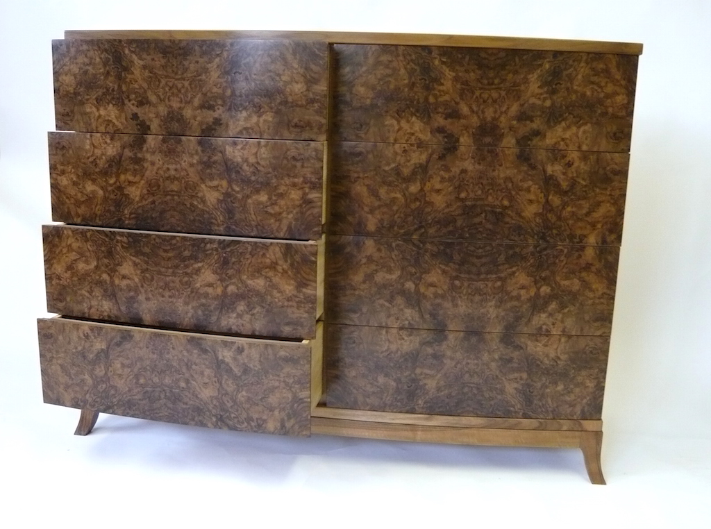 walnut bur bow fronted chest of drawers detail