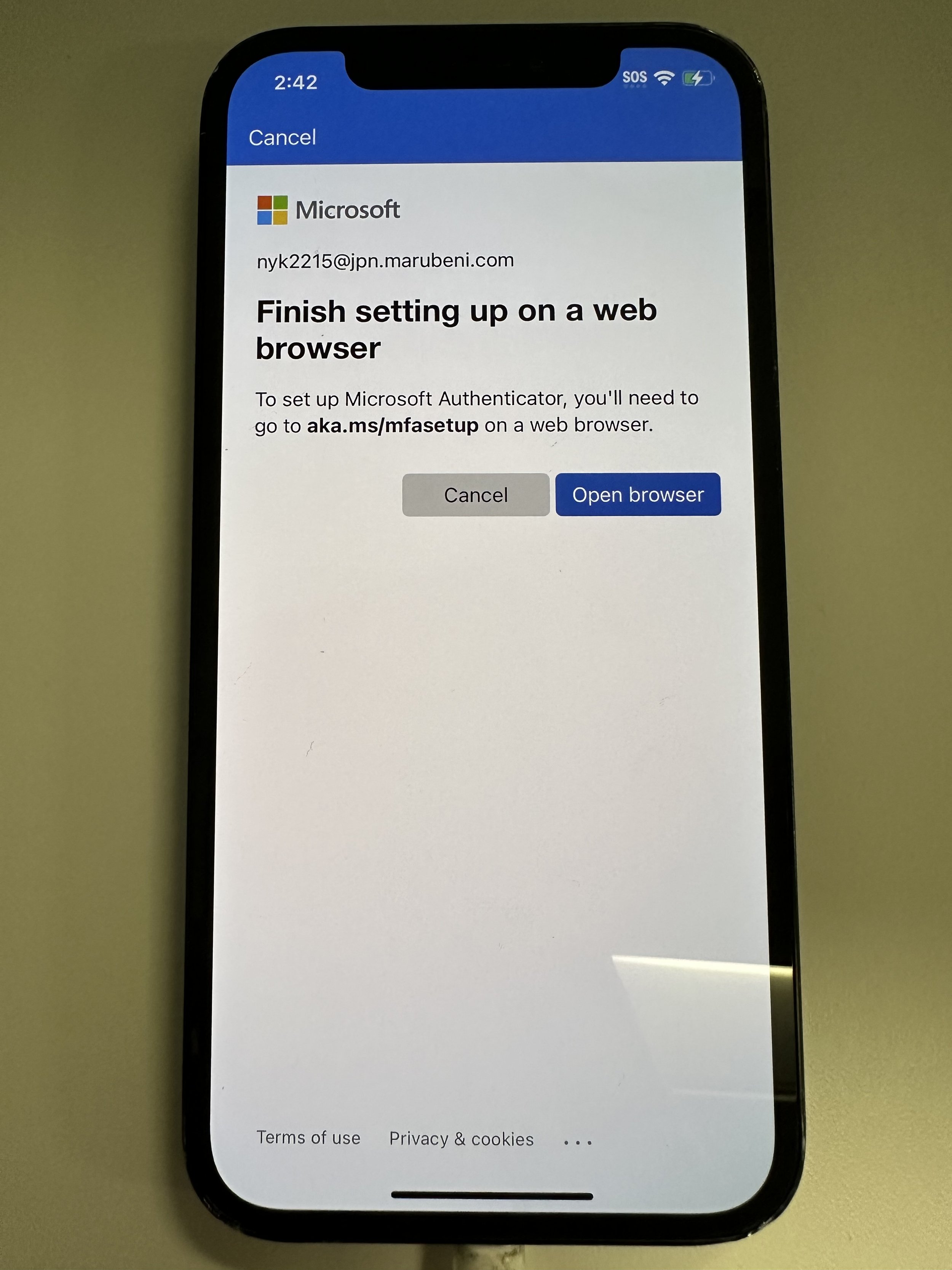  if you have set up MFA already, authenticate accordingly. if you have not set up MFA prior, tap Open Browser. 