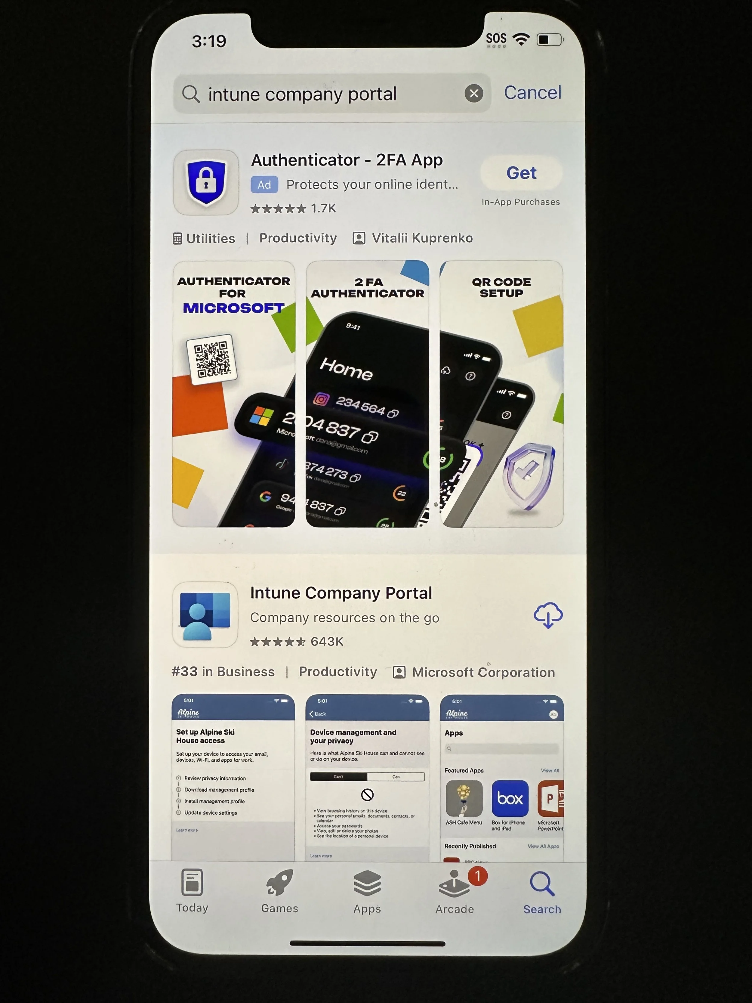  AVOID the AD on the top and tap the download icon for Intune Company Portal 