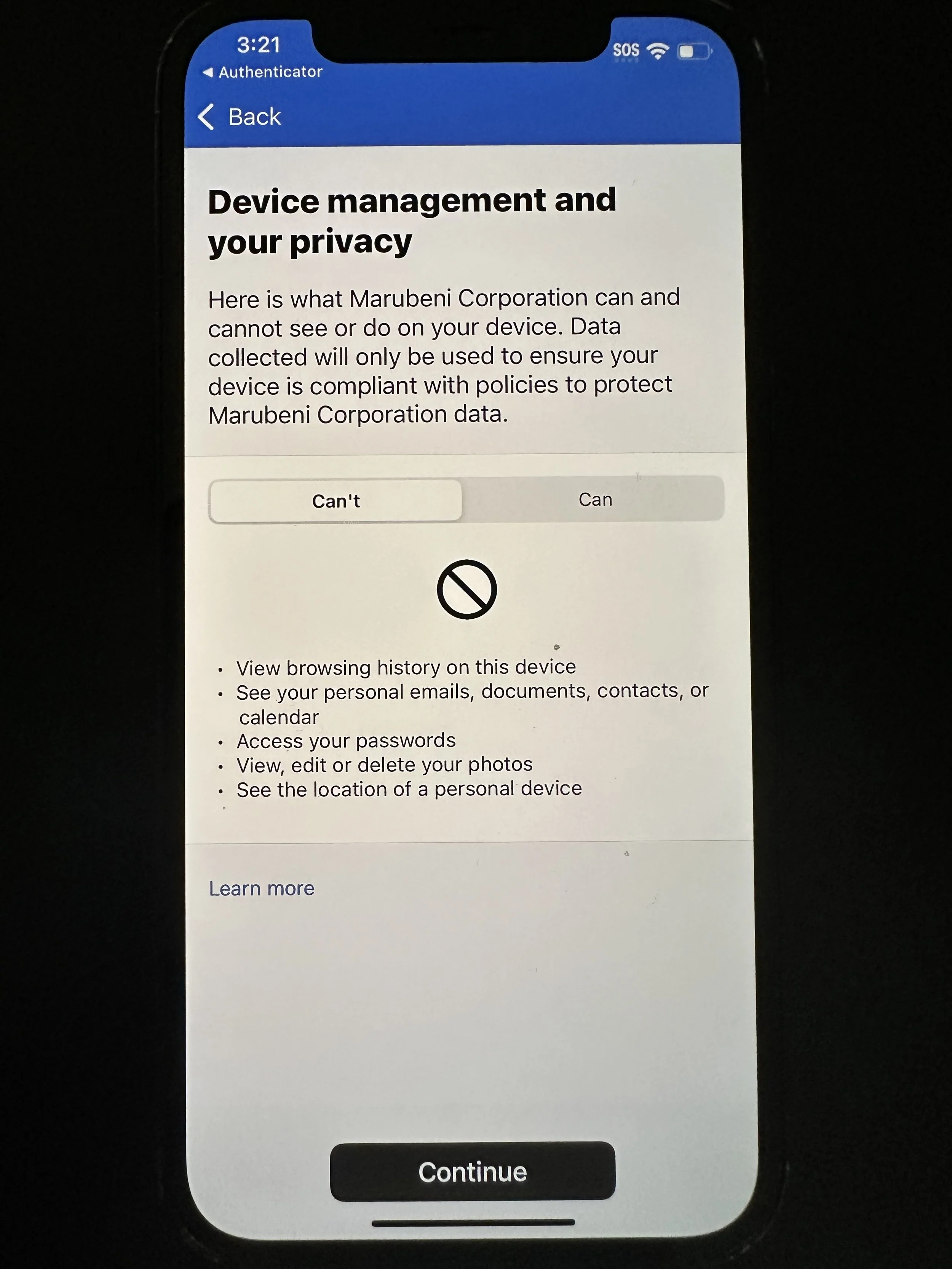  tap Continue. This screen shows what NYKSYPL can and cannot do to your device. 