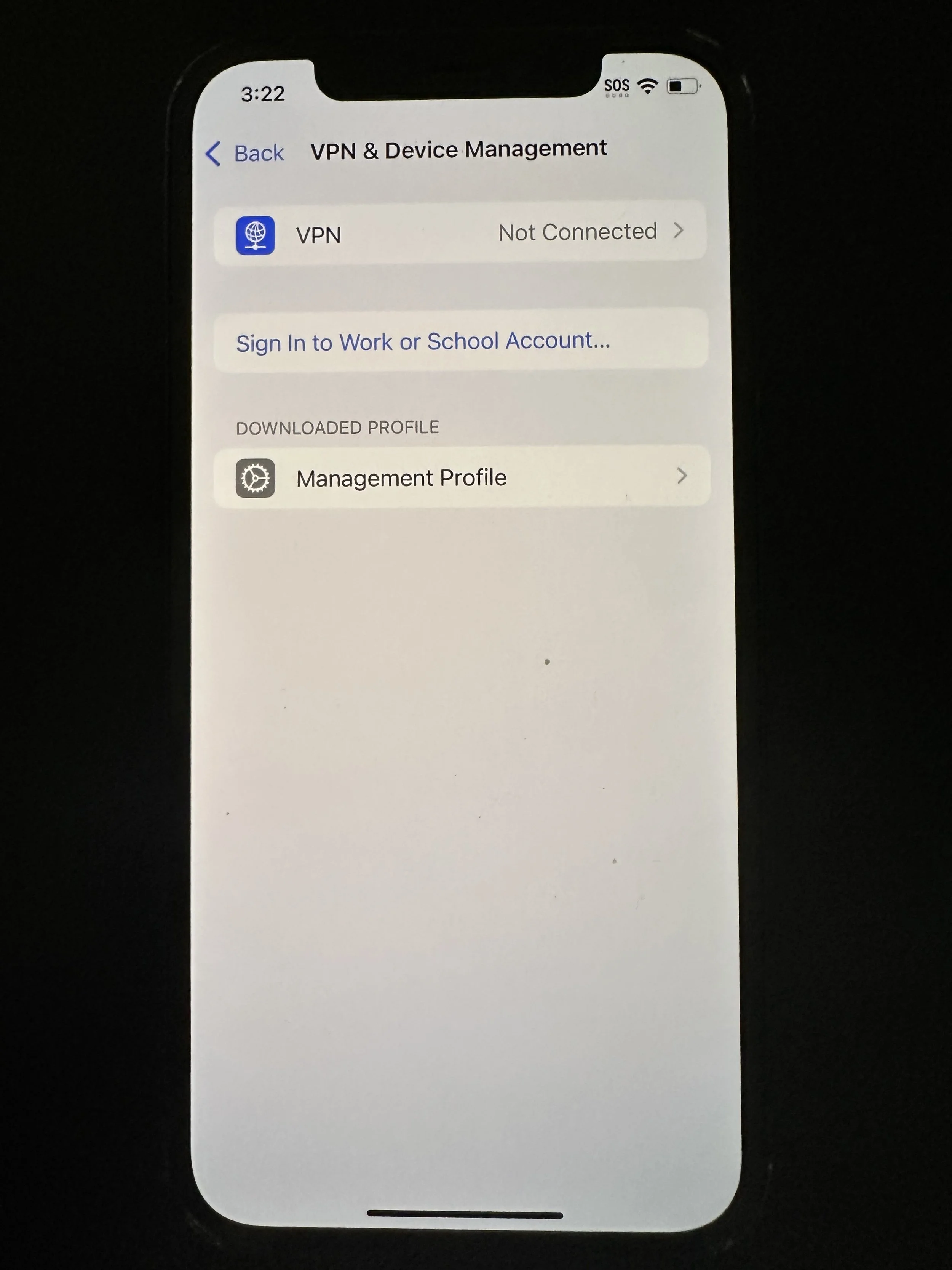  You should not see any other profile but the Management Profile on this screen. Tap Management Profile. 