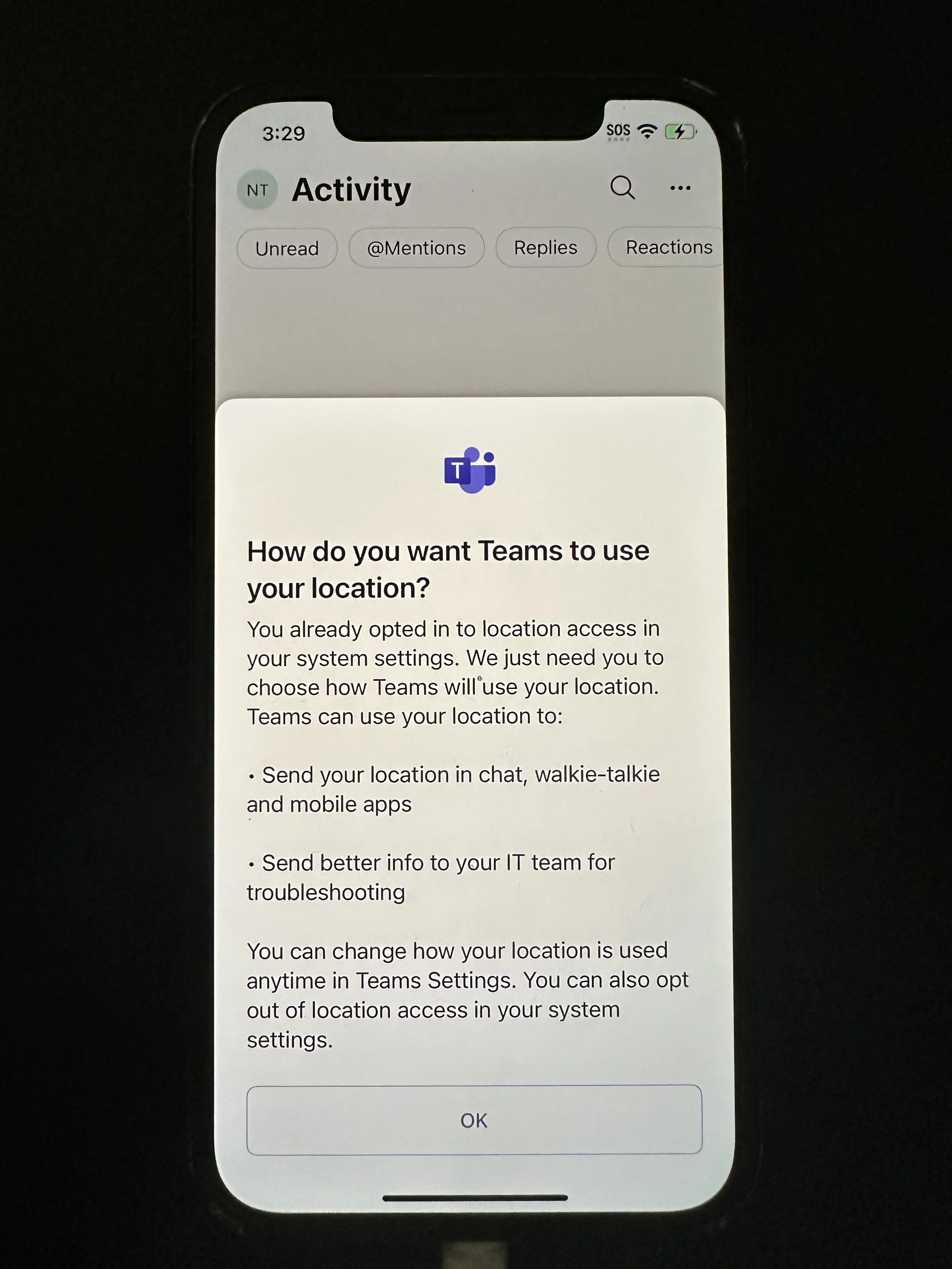  tap OK. You should now see your Teams messages and receive calls. 