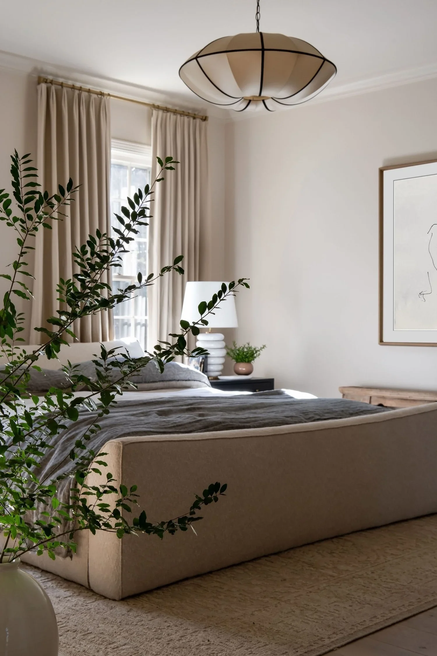 bedroom, master bedroom, primary bedroom, beige curtain, pinch pleat curtain, king bed, beige headboard 