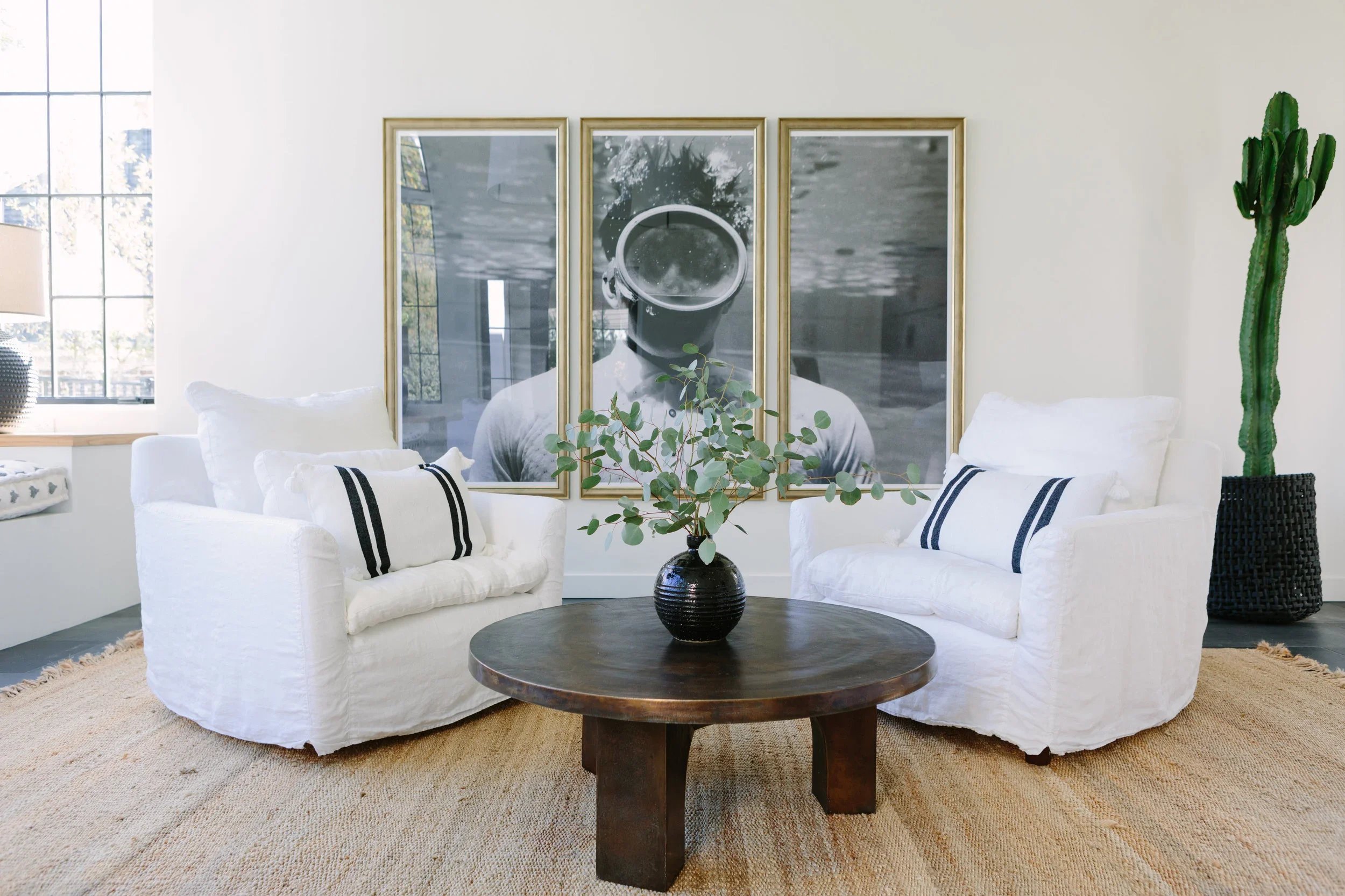 living room, sitting room, two white chairs, coffee table, large artwork, cactus plant, scuba artwork, photograph