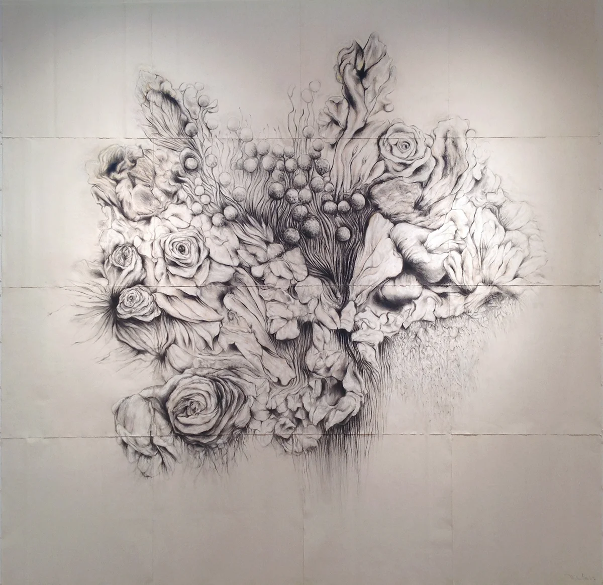 SOFTLY OUT OF DARKNESS graphite, charcoal and pastel 16 panel polyptych 2016, 104 x 104 inches © 2016, Michael Kirk all rights reserved