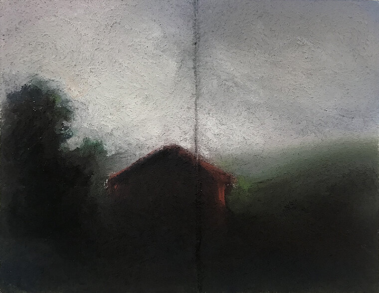  RED BARN IN FOG 2020, 4.5 x 5 inches © 2020, Michael Kirk all rights reserved 