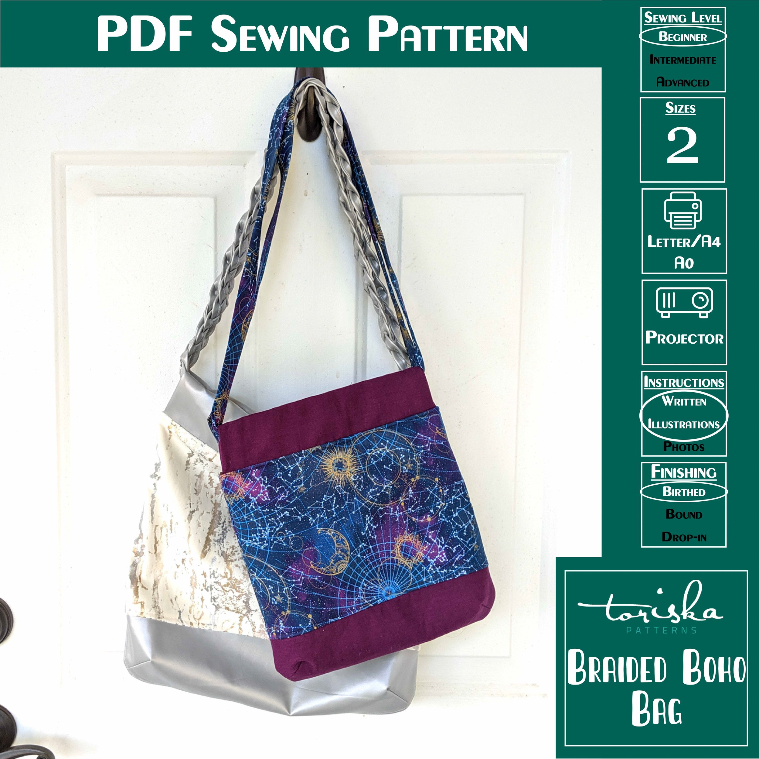 Sewing Pattern Hobo Tote Bag PDF Download plait Handle 