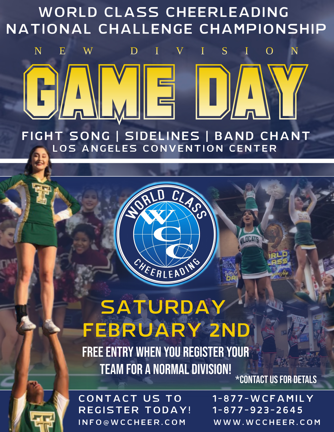 We enjoy receiving feedback and putting our WCC family first, with that said, we are excited to announce our GAME DAY division at our National Challenge Championship ! Our GAME DAY division is great for schools who would like to perform and compete with your fight song, sideline routine, and band chant performance routine that energizes the crowd with your team's spirit-leading skills. Please feel free to email us at info@wccheer.com