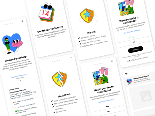 An image of examples of consent interfaces. "We need your help" "Contribute for 14 days" "Would you like to contribute?" etc.