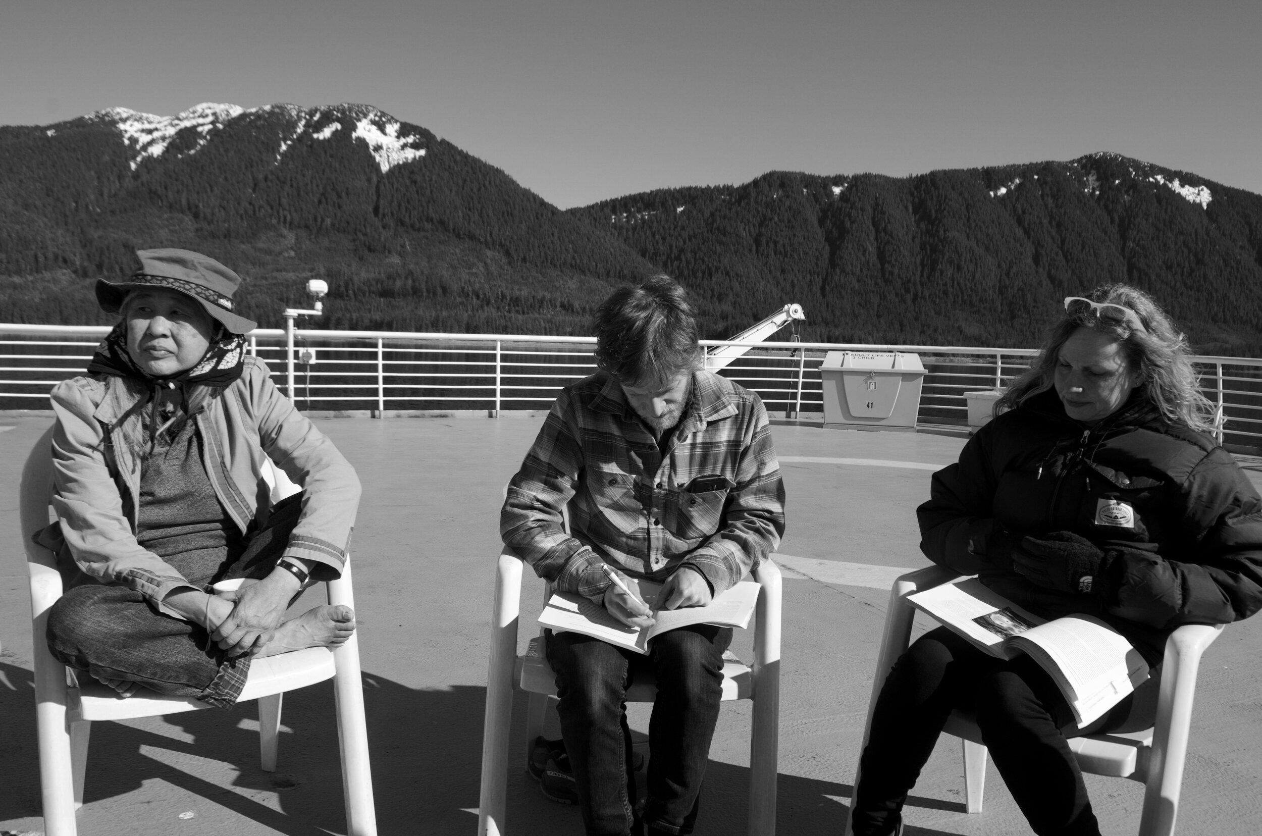 Prior to starting the residency, the five artists collectively added to a reader with writings inspired by the themes of the trip. During the trip, often on the ferry, the group got together every 2 or 3 days to discuss the readings. Sometimes they