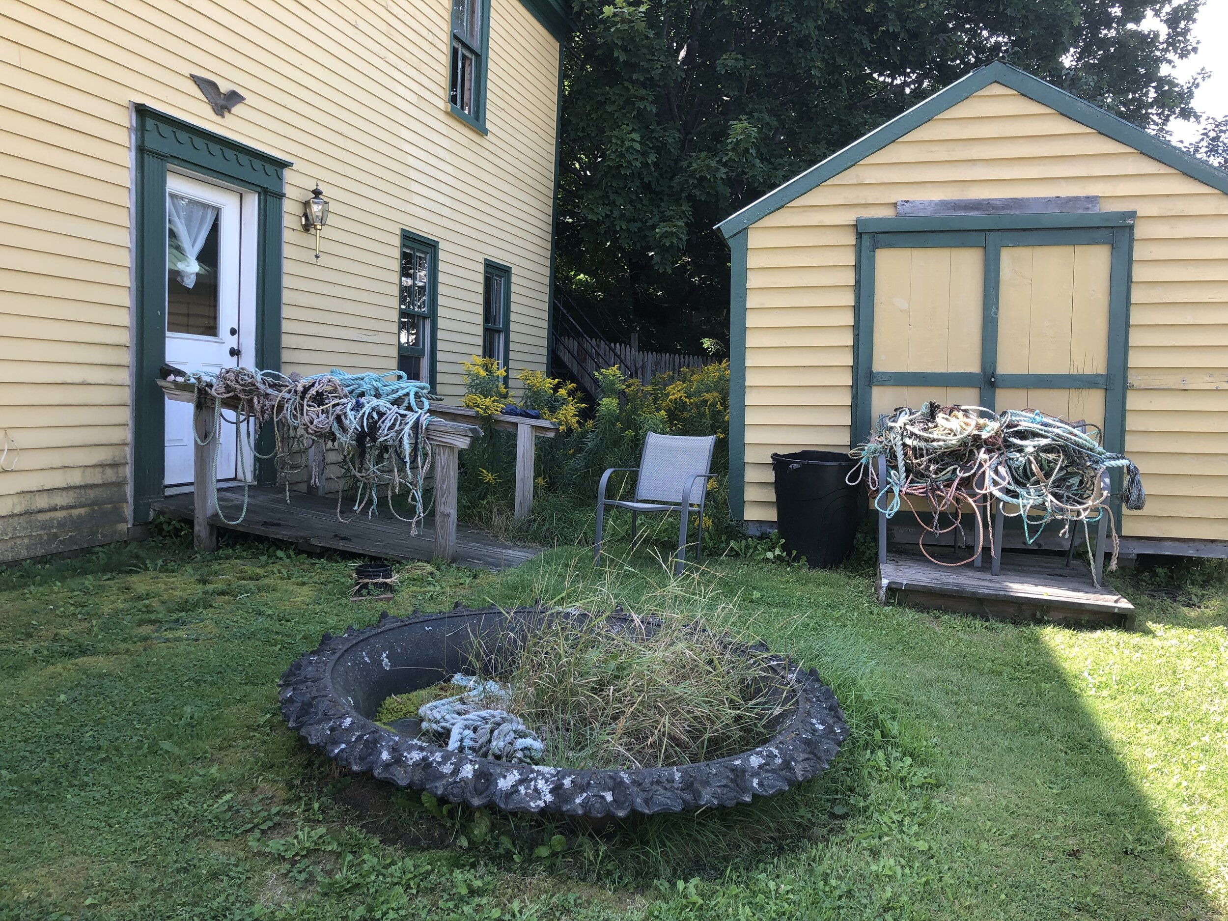 During the first two weeks of his StudioWorks Residency with the Tides Institute and Museum of Art in Eastport Maine , Miller scoured the coastlines of Passamaquoddy and Cobscook bay foraging for and collecting nylon rope discarded and washed up on