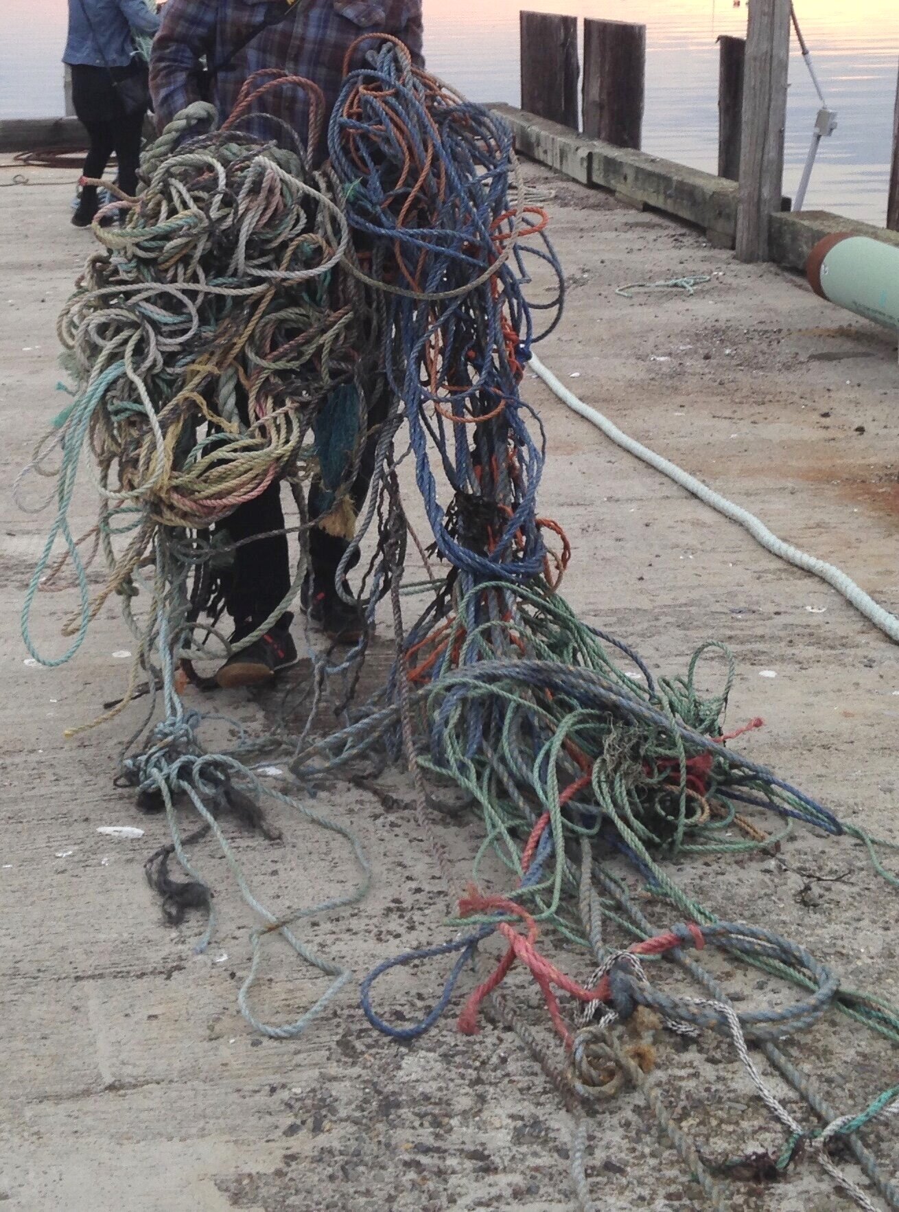  BJM was interested in repurposing this beautiful collected trash as a medium for art. It became a treasure hunt, dancing with the tide, searching the shores and under docks; pulling up all sizes and colors of rope out of rocks and water. He then bro