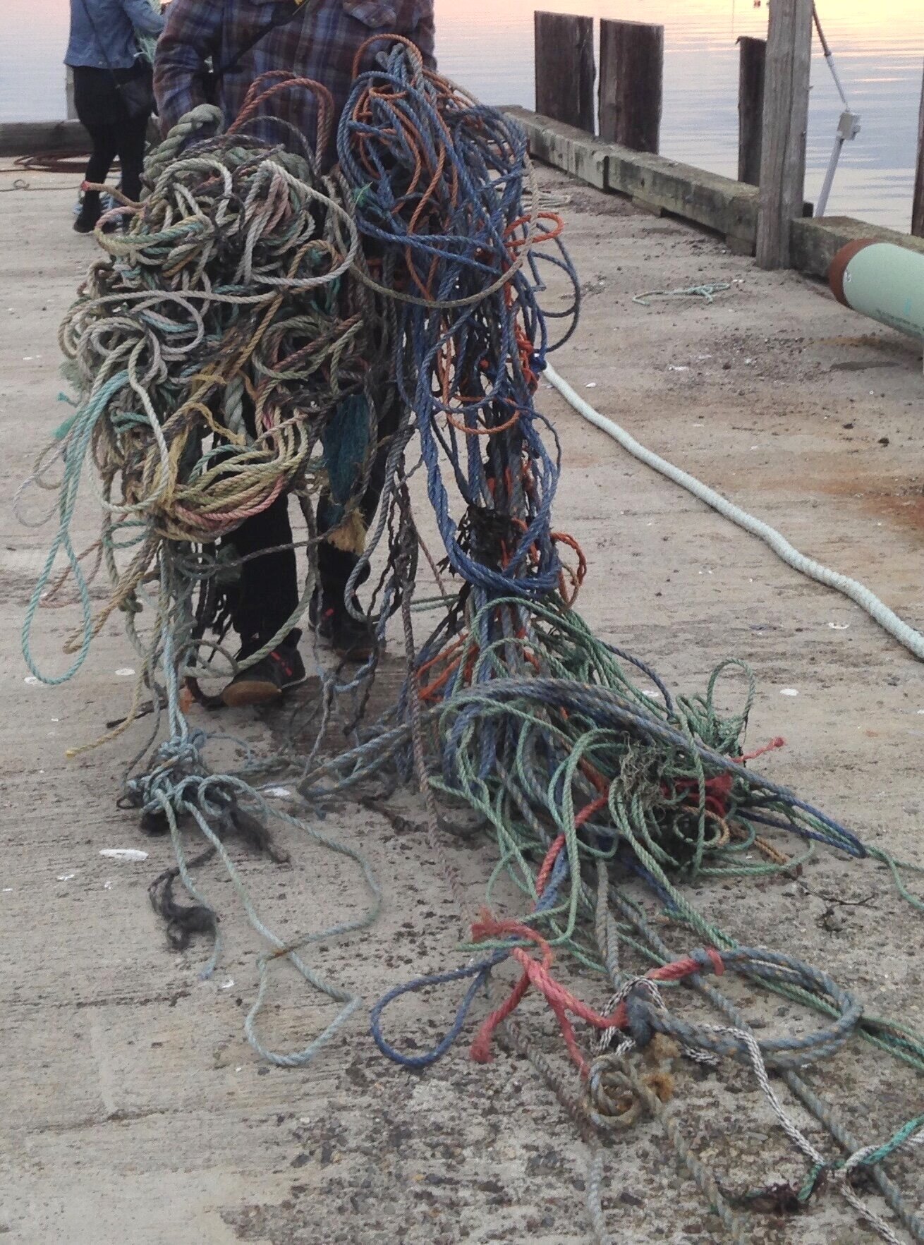 BJM was interested in repurposing this beautiful collected trash as a medium for art. It became a treasure hunt, dancing with the tide, searching the shores and under docks; pulling up all sizes and colors of rope out of rocks and water. He then bro
