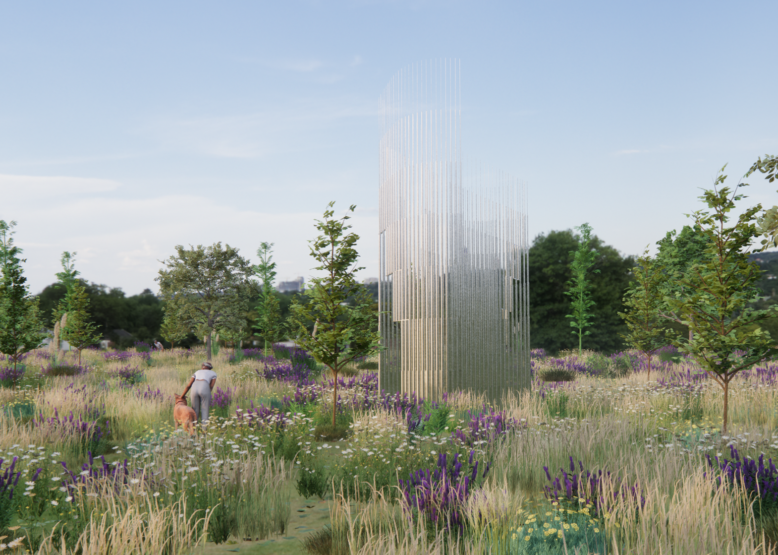 Proposal for a garden and landmark folly for the Atlanta Beltline using mirror-finished, narrowing steel pipes that disappear into the sky and landscape. With Nick Shekerjian.