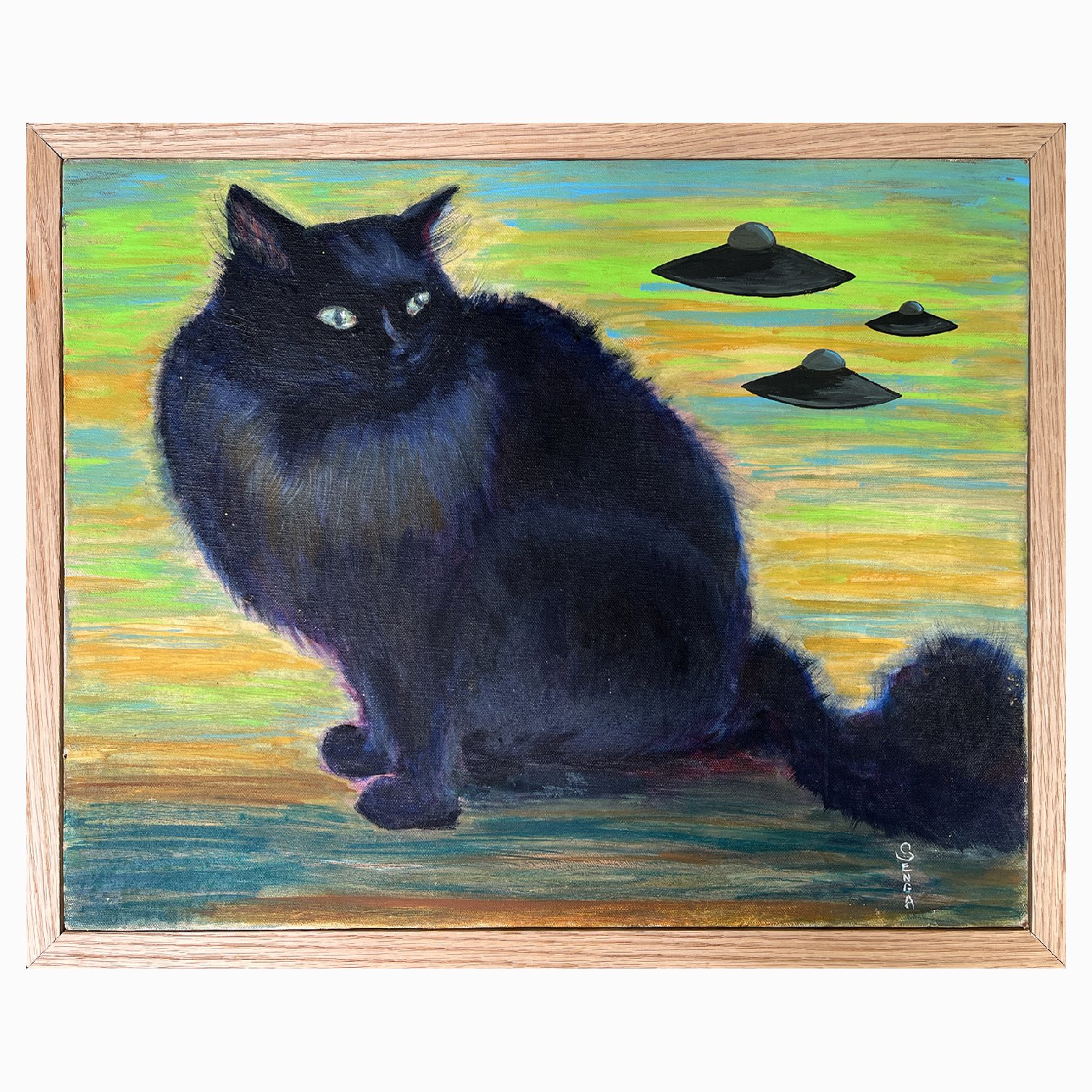 Black Cat with Looming UFOs