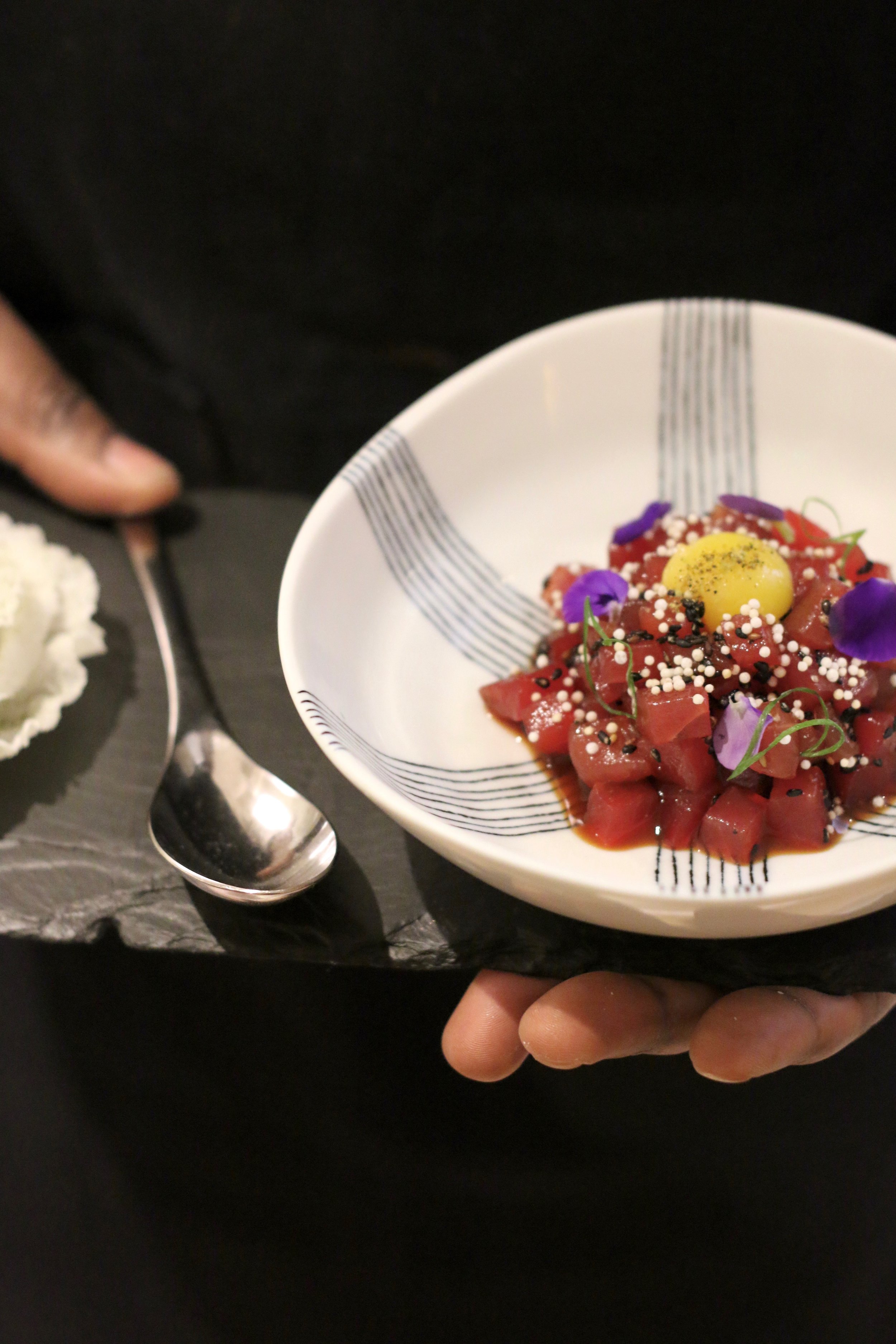 Tuna tartare with quail egg to quell our mounting appetites. 