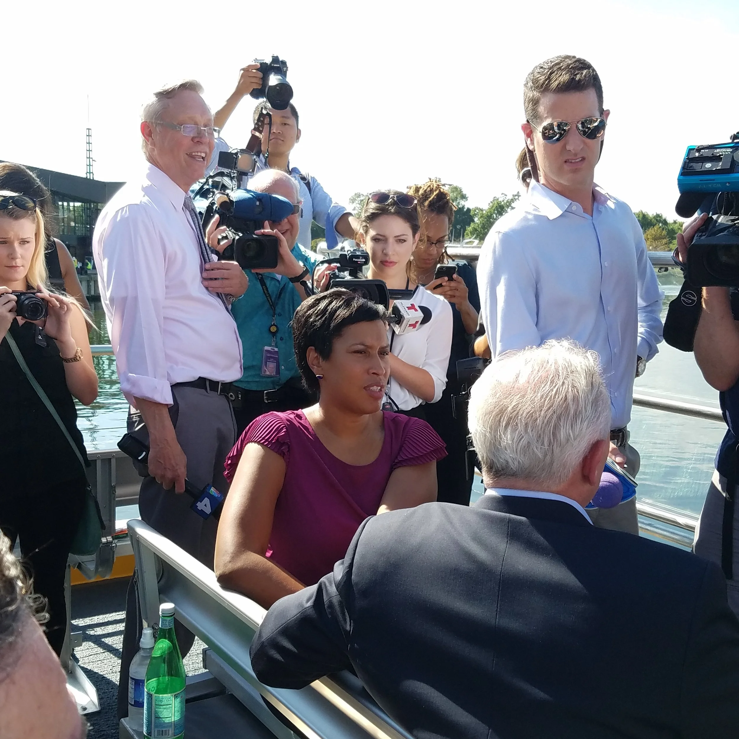 DC Mayor Muriel Bowser was on hand to talk to the press and take a ride at the launch of the Water Taxi service from the new transportation pier at The Wharf.