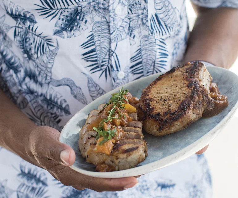 Brined pork chops with peach compote