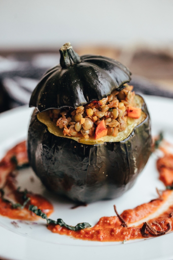 Utilizing local farm produce often results in seasonal dishes, such as this autumn-inspired stuffed gourd.