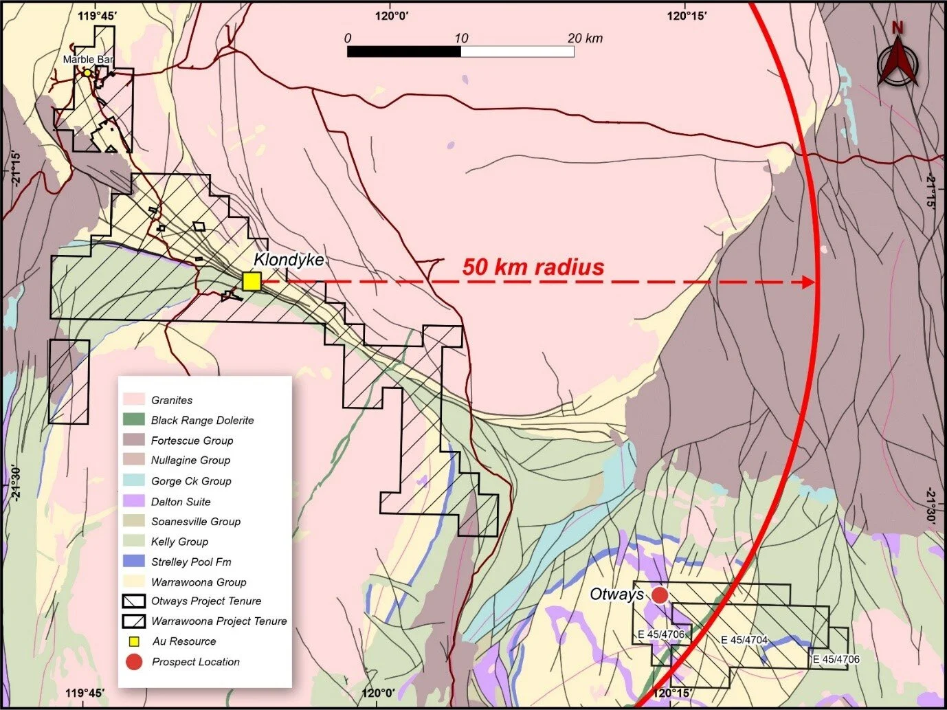 Figure One:  Location of Otway tenements subject to the Farm-In Agreement. Also shown are existing prospects and the location of Calidus’ Warrawoona Project and Klondyke deposit.