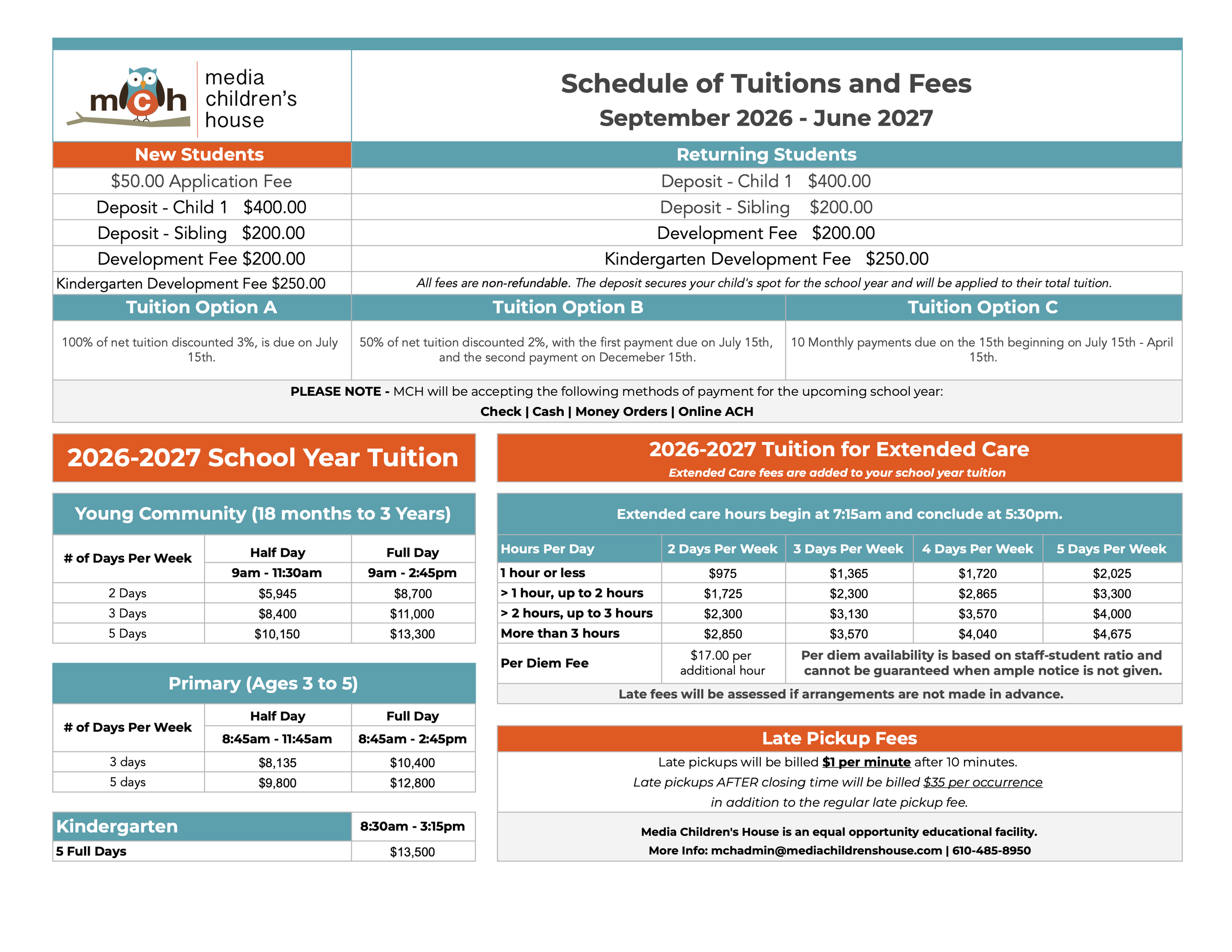 2026-2027 Tuition Schedule