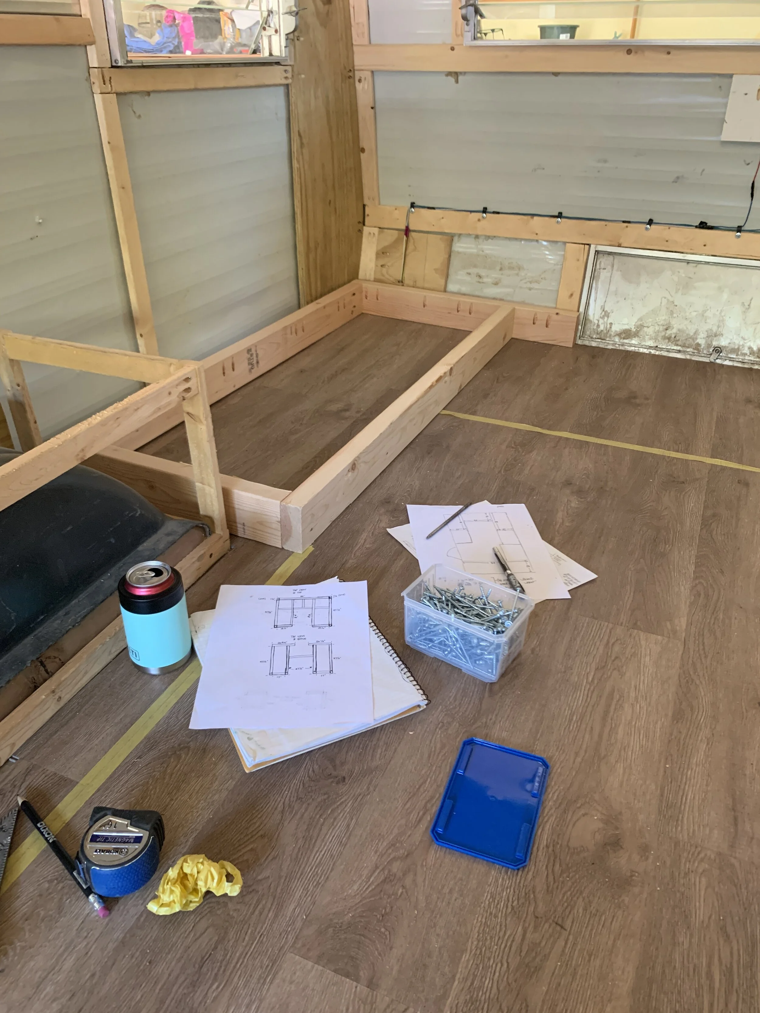 oak benches with backs on The Cameo Camper Renovation Building The Dinette Bench Lone Oak Design Co