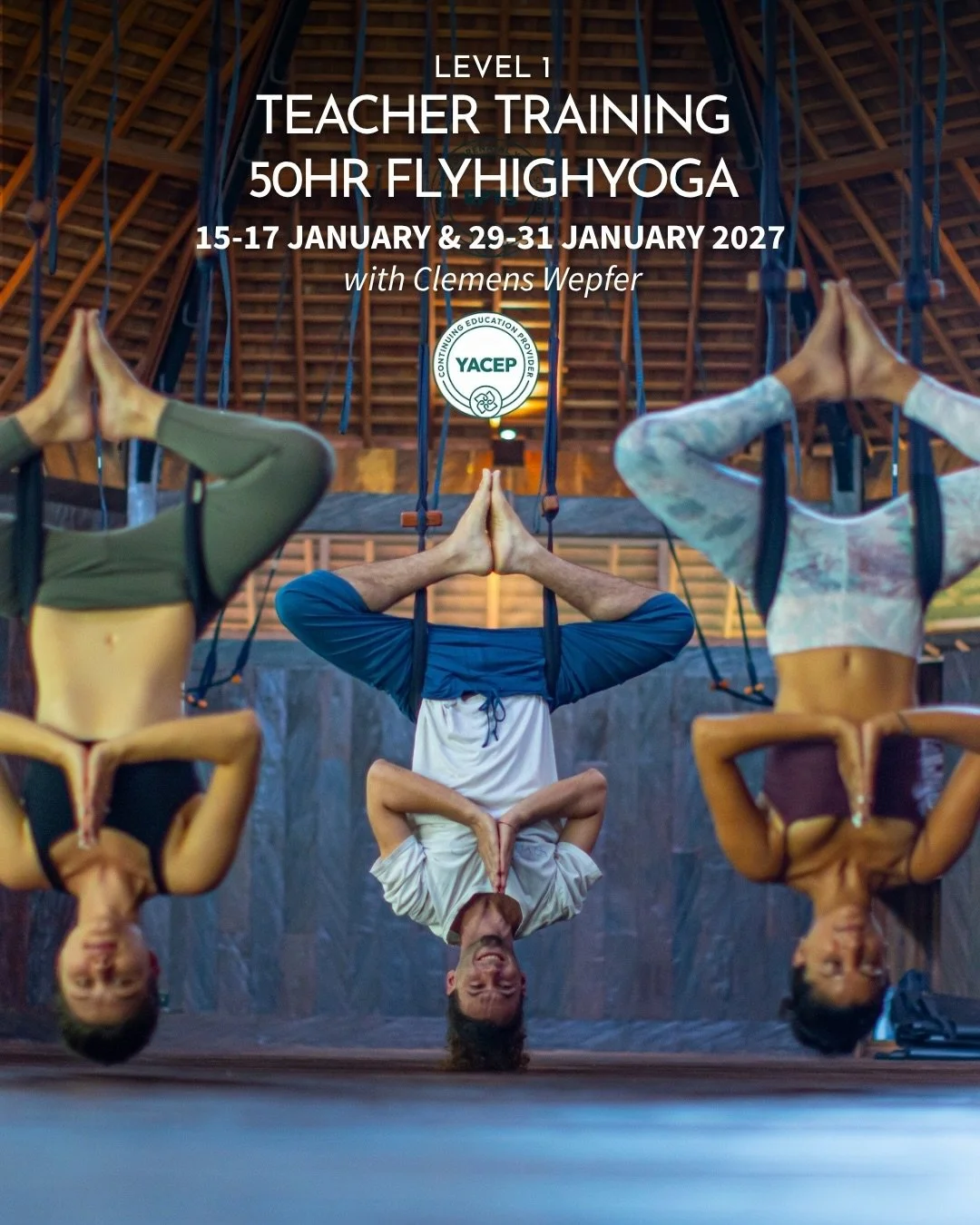 BECOME A CERTIFIED FLYHIGHYOGA TEACHER
50HR FLYHIGHYOGA LEVEL 1 TEACHER TRAINING
with Clemens Wepfer
Luxembourg &middot; January 2027

Join us for an immersive 50-hour FlyHighYoga Level 1 Teacher Training with Clemens Wepfer, spread over two weekends