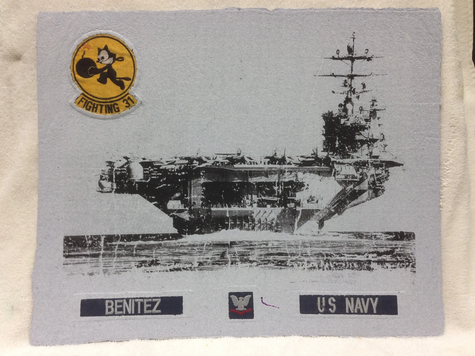 Beni Navy _Fighting 31_ 2013 Silkscreen on Handmade Paper from military uniforms 16 x 20 Montclair State University Combat Paper Class IMG_2161JPG.jpg